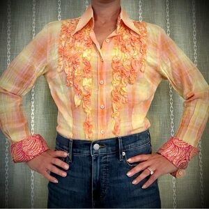 Georg Roth LA Women's Ruffled Button-Up Blouse in Peach Plaid